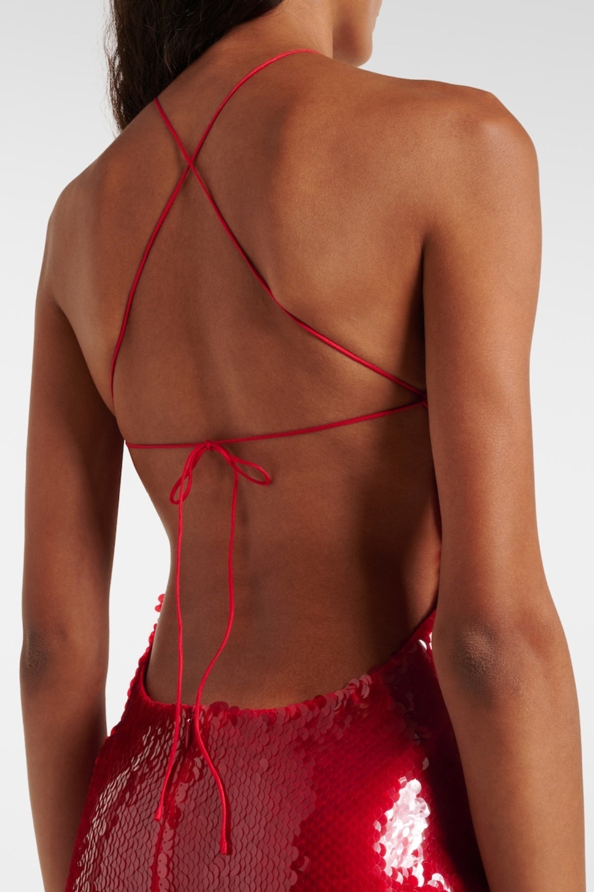 Cinwa Floral Appliqué Halter Sequin Mini Dress - Red