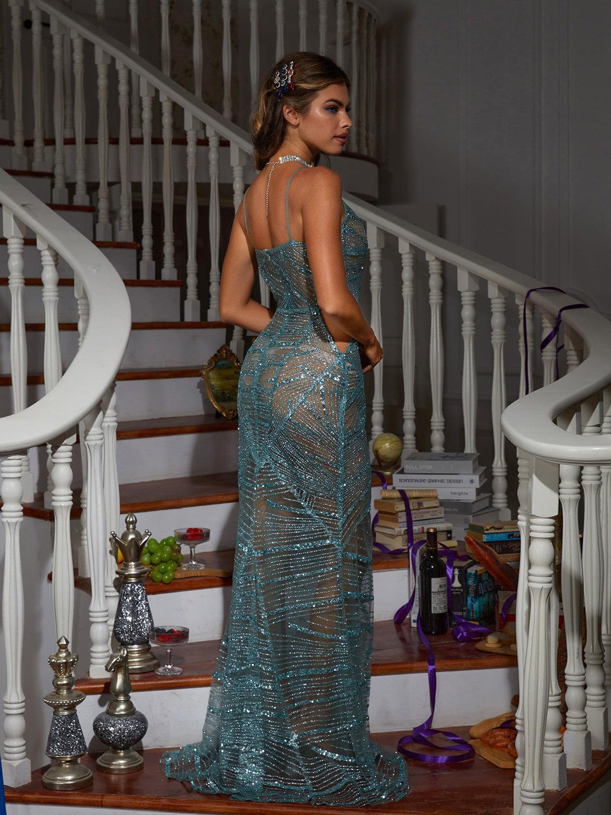 Cynthia Spaghetti Sequin Patchwork Maxi Dress