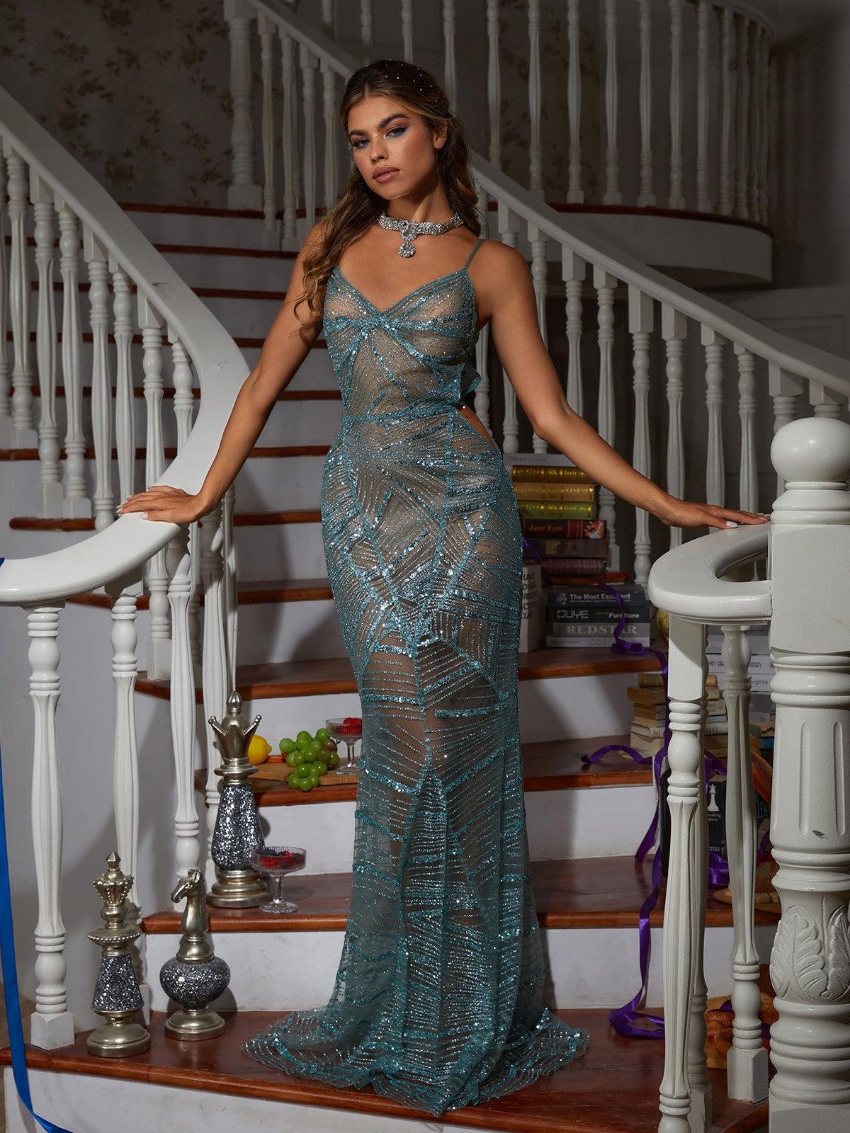 Cynthia Spaghetti Sequin Patchwork Maxi Dress