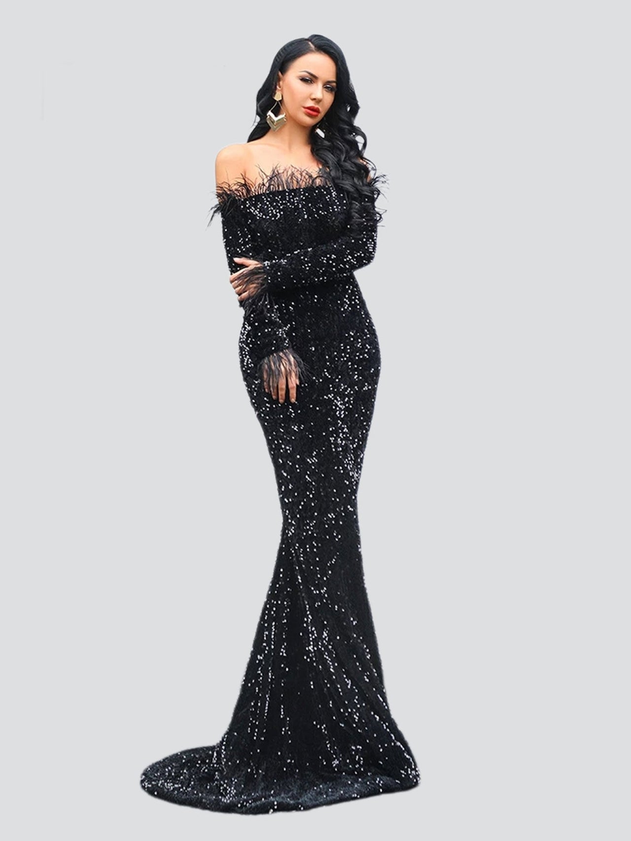 Off Shoulder Feather Sequin Evening Dress
