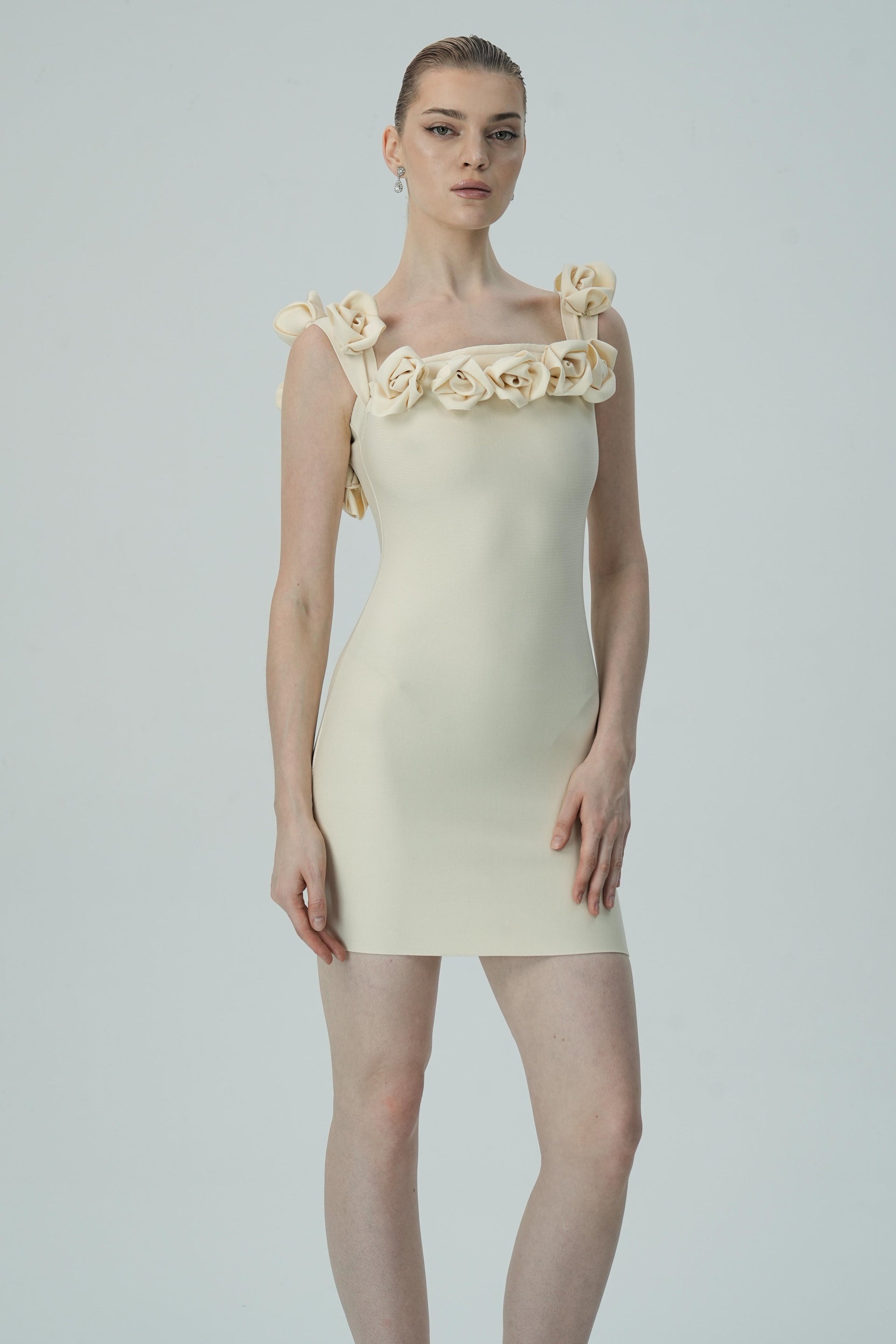 Cream Mini Dress with 3D Floral Appliqué