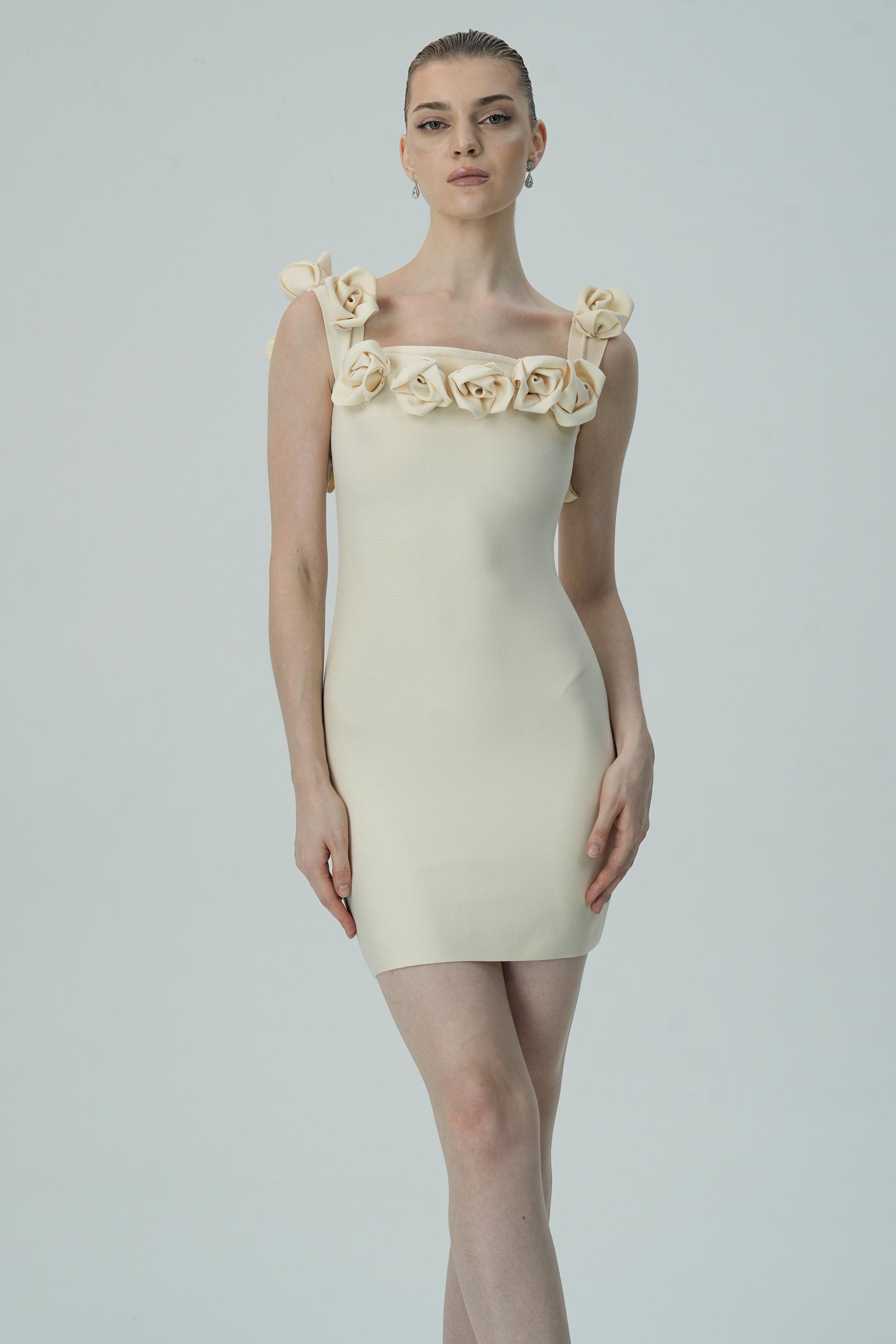 Cream Mini Dress with 3D Floral Appliqué