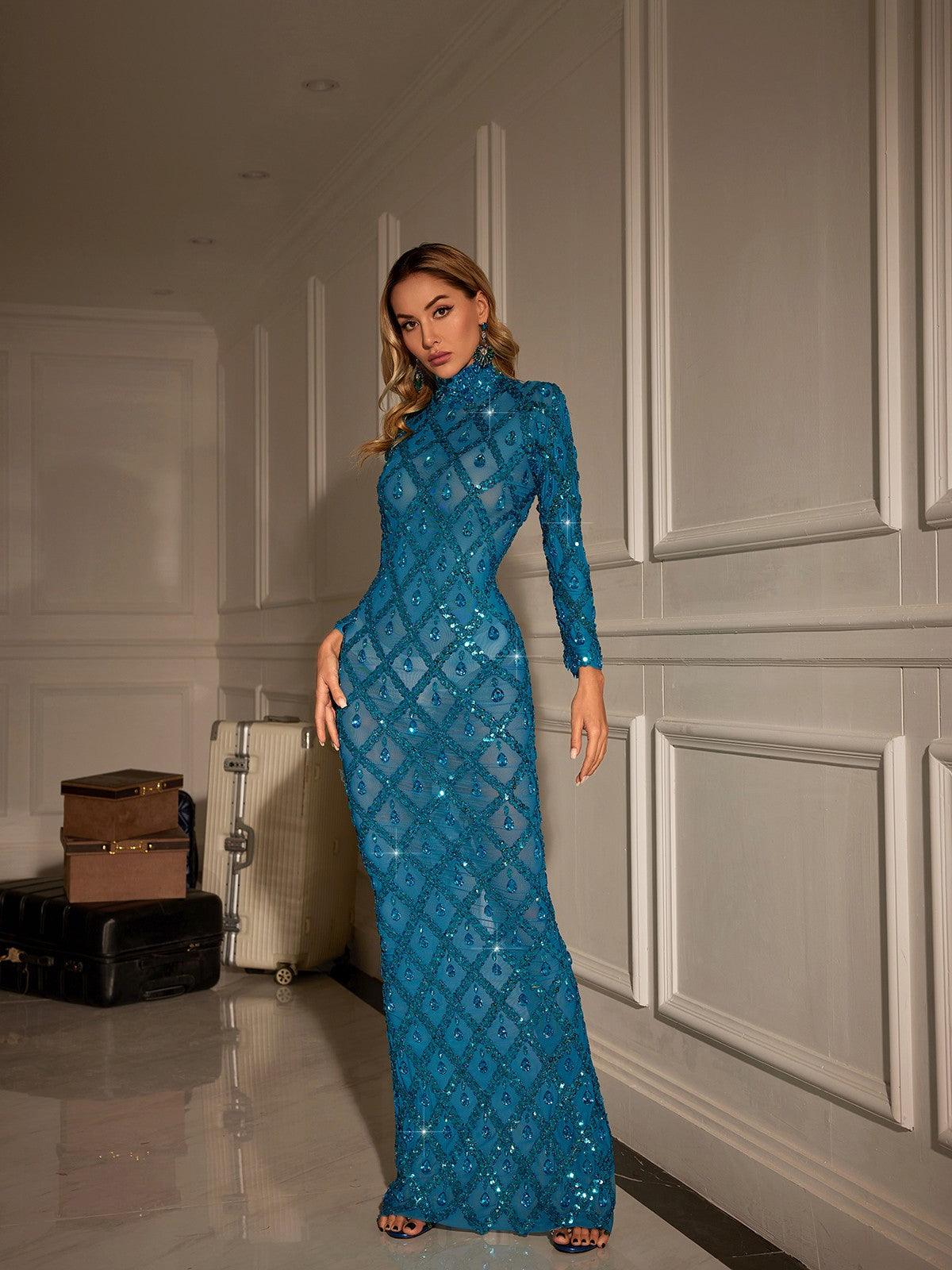 Liora Long Sleeve Sequin Crystal Maxi Dress In Blue