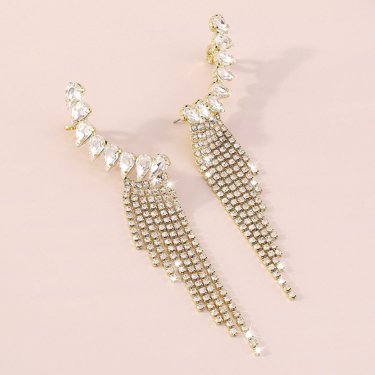 GOLD RHINESTONE TASSEL GEOMETRIC EARRINGS