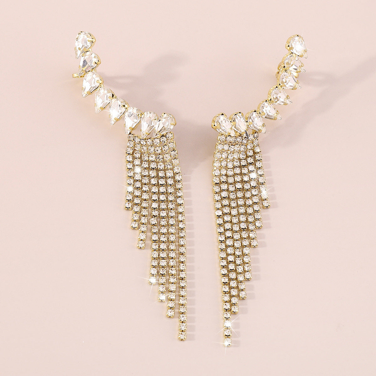 GOLD RHINESTONE TASSEL GEOMETRIC EARRINGS