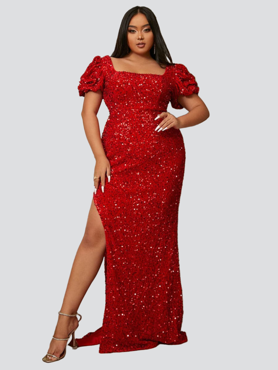 Plus Size Square Neck Puff Sleeve Sequin Red Dress
