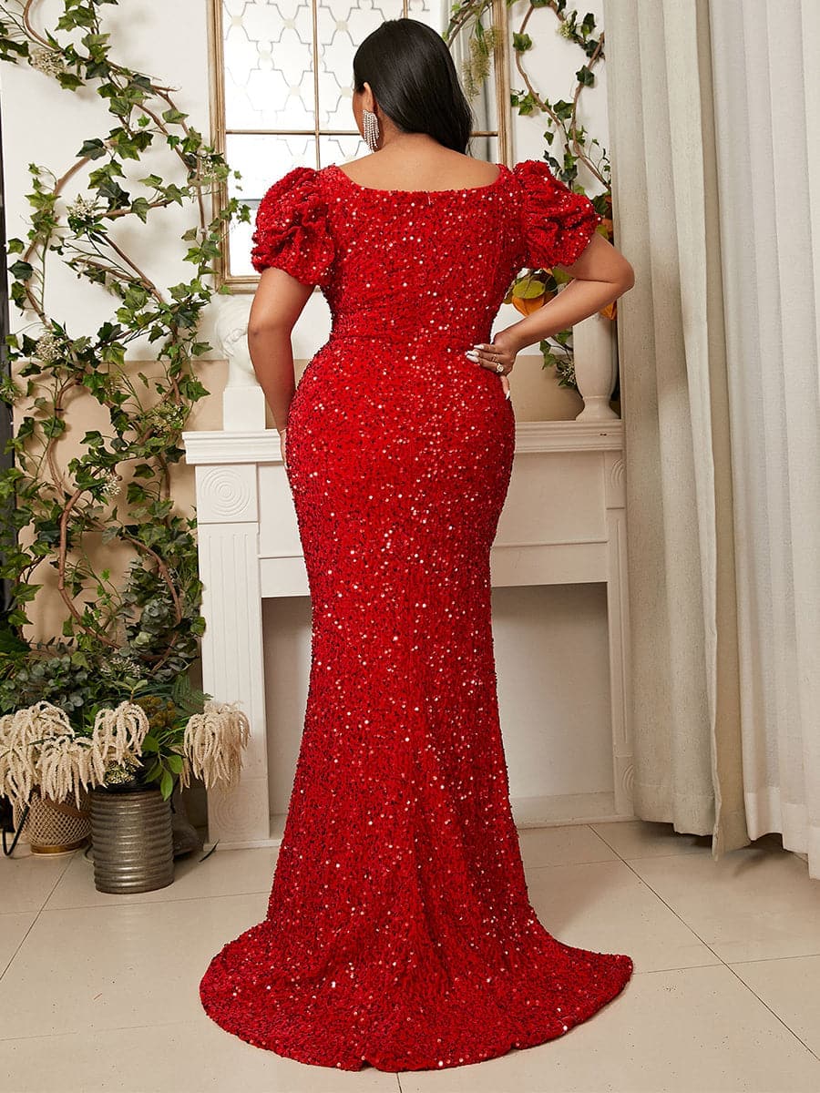 Plus Size Square Neck Puff Sleeve Sequin Red Dress