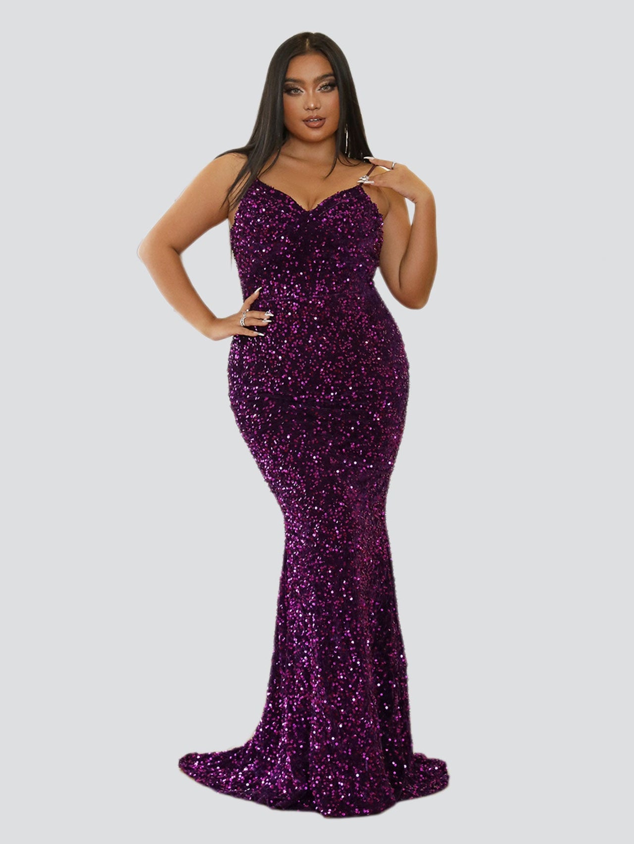 Plus Spaghetti Sequin Evening Dress