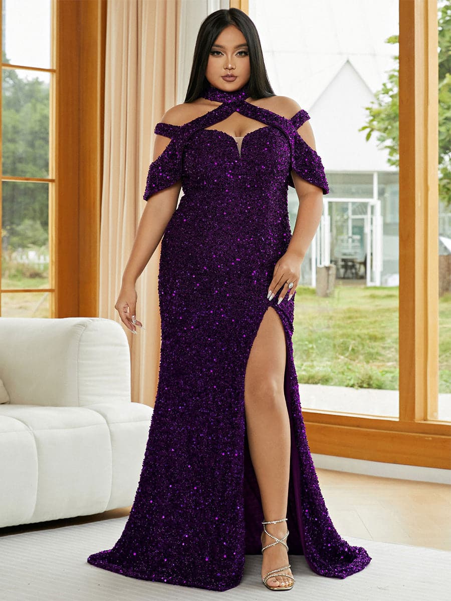 Plus Size Halter Sequin Prom Dress