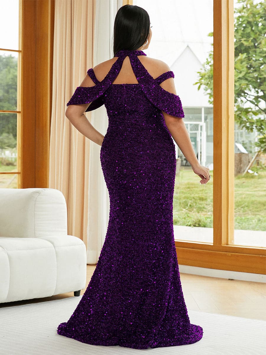 Plus Size Halter Sequin Prom Dress