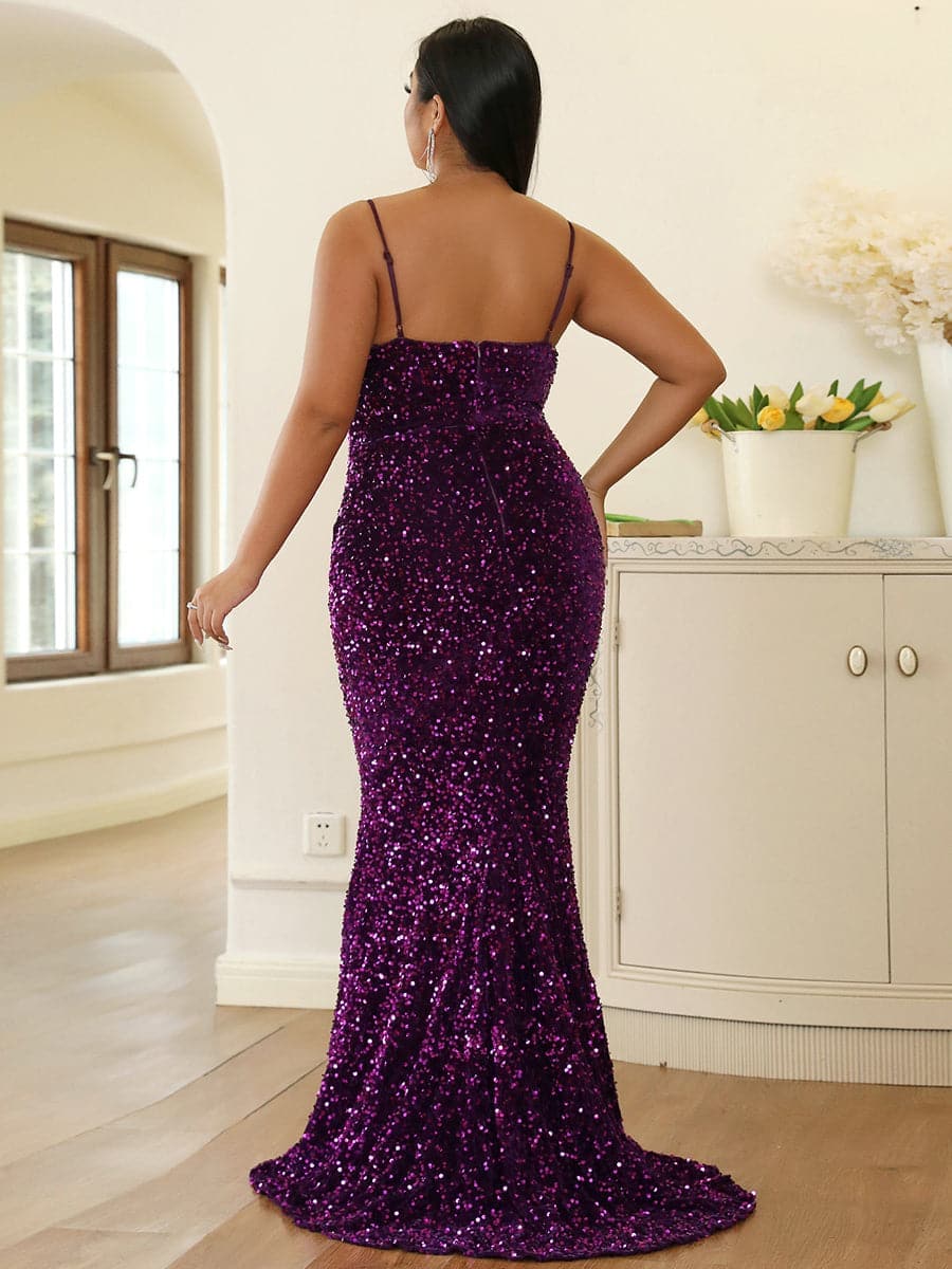 Plus Spaghetti Sequin Evening Dress