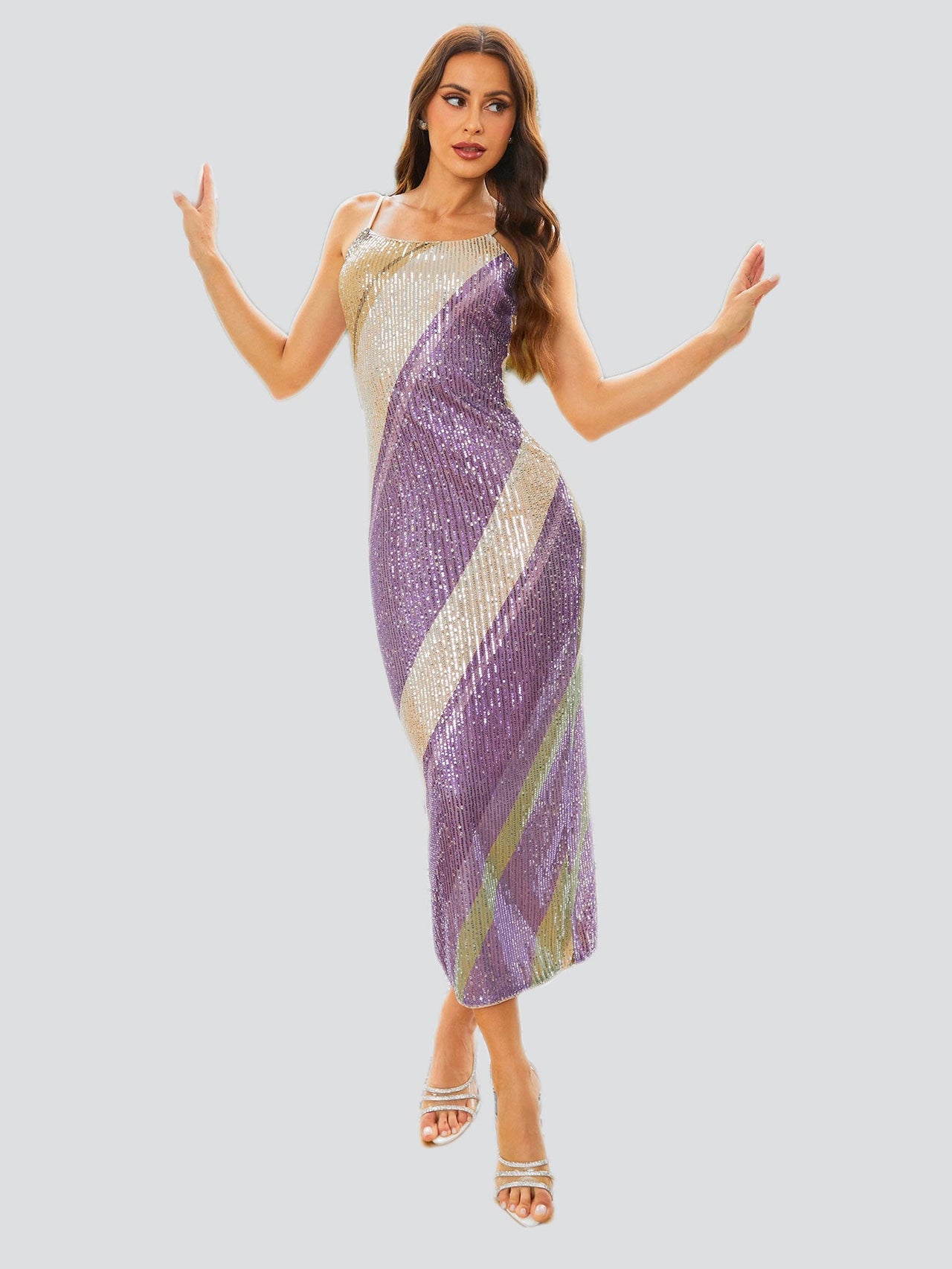 Spaghetti Straps Sequin Purple Midi Dress