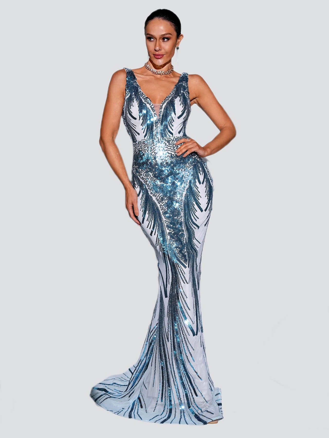 V-neck Sleeveless Mermaid Blue Sequin Formal Dress