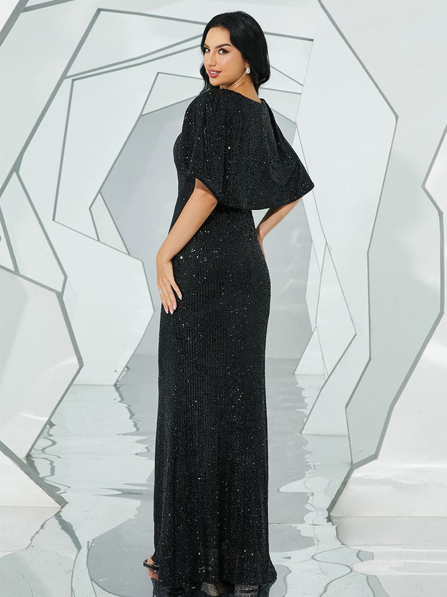 Puncho Back Puff Sleeve Sequin Evening Dress
