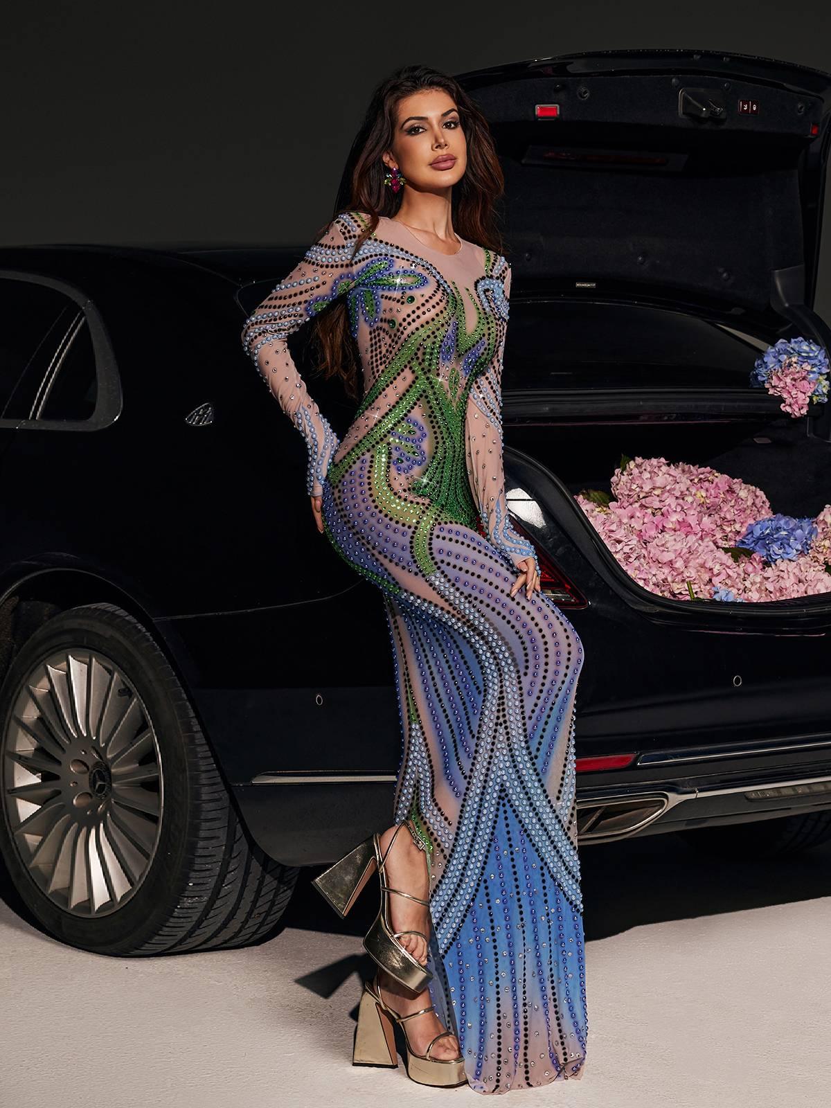 Thana Long Sleeve Rhinestone Maxi Dress
