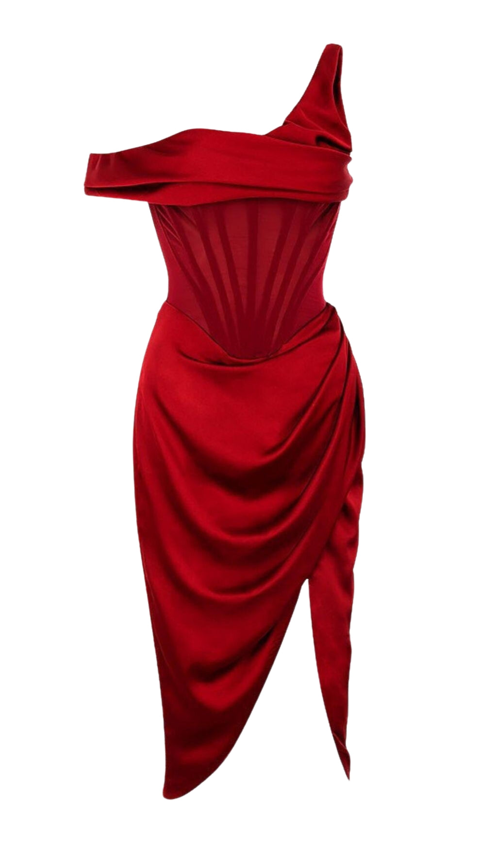 ASYMMETRIC DRAPE MIDI CORSET DRESS IN RED