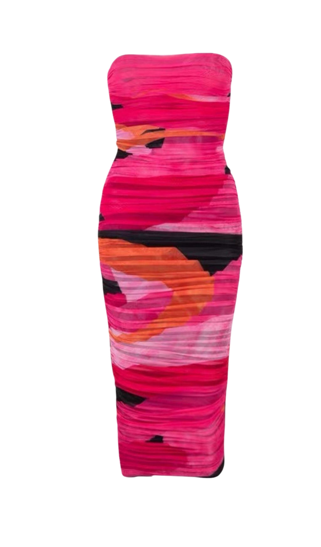 MULTICOLOURED STRAPLESS RUCHED MIDI DRESS