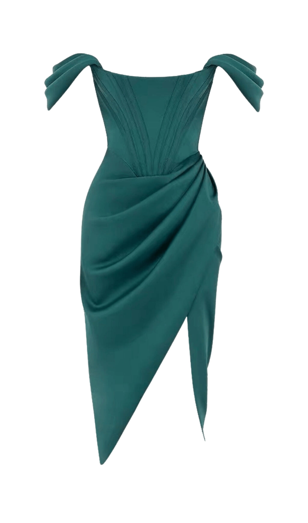 EMERALD STAIN STRAPLESS RUCHED MIDI DRESS
