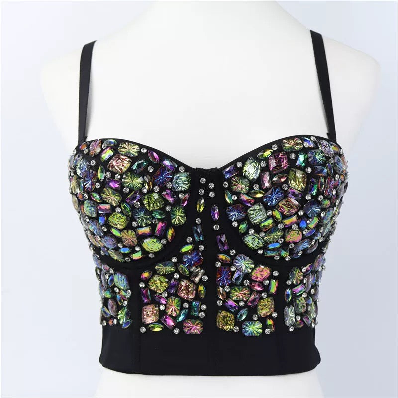 CRYSTAL EMBELLISHED CROPPED TOP IN BLACK
