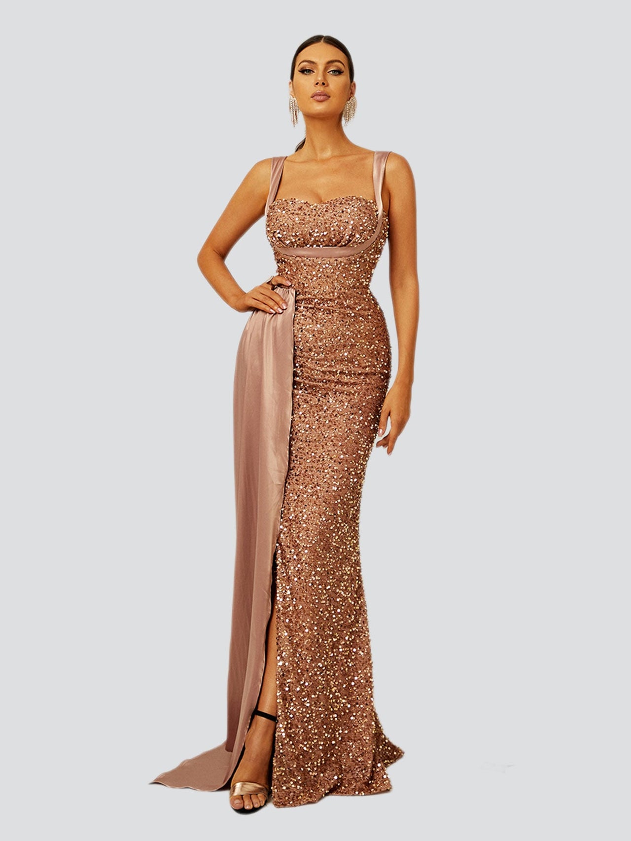Ribbon Corset Sequin Maxi Prom Dress