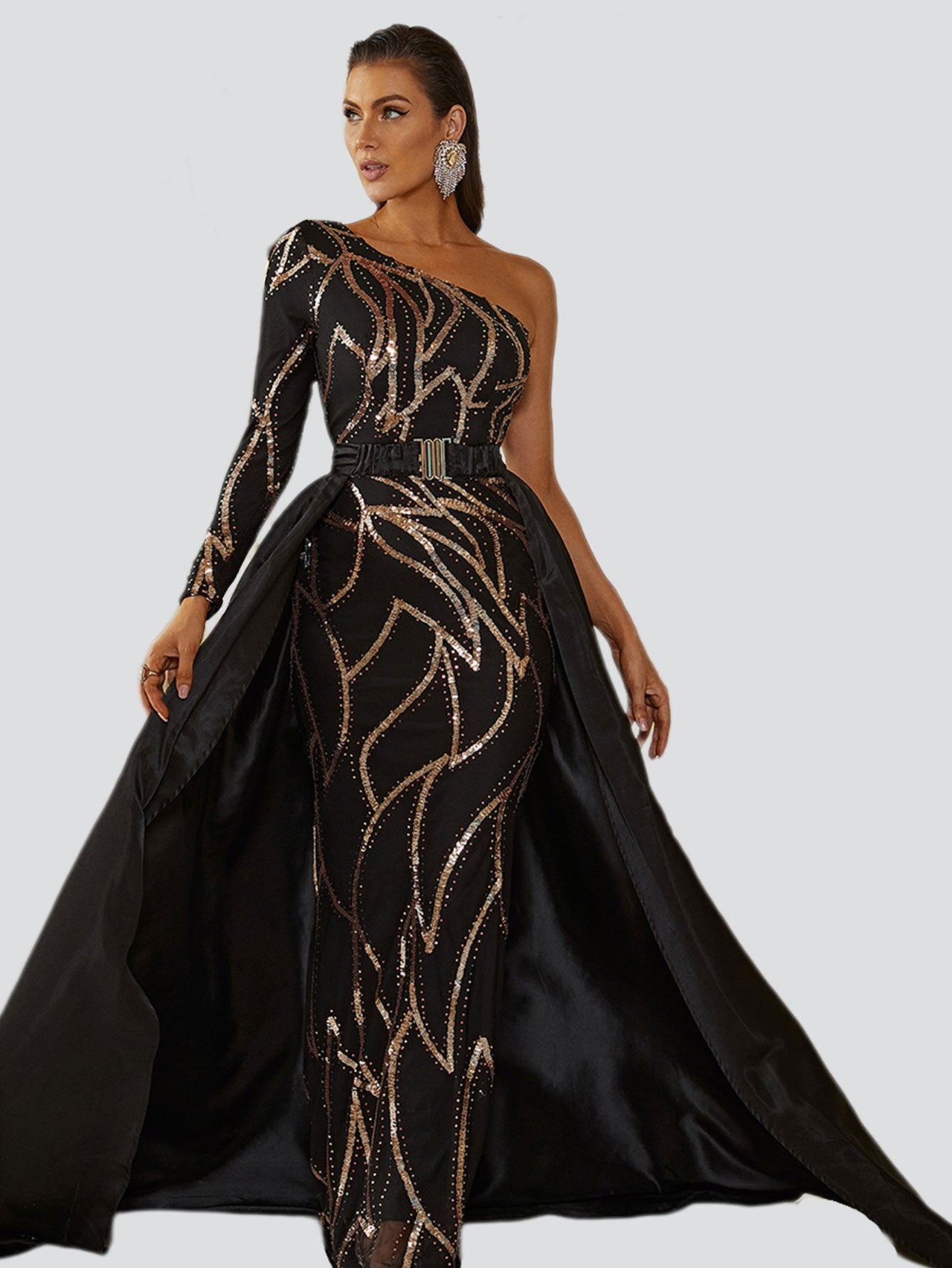 One Shoulder Cloak Sequin Prom Dress