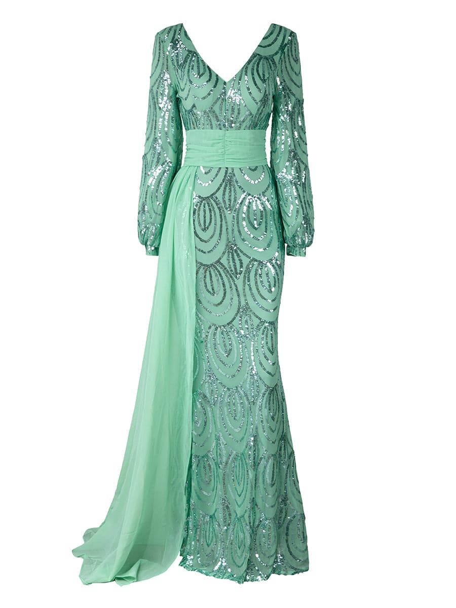 Formal Draping Sequin Long Sleeve Dress