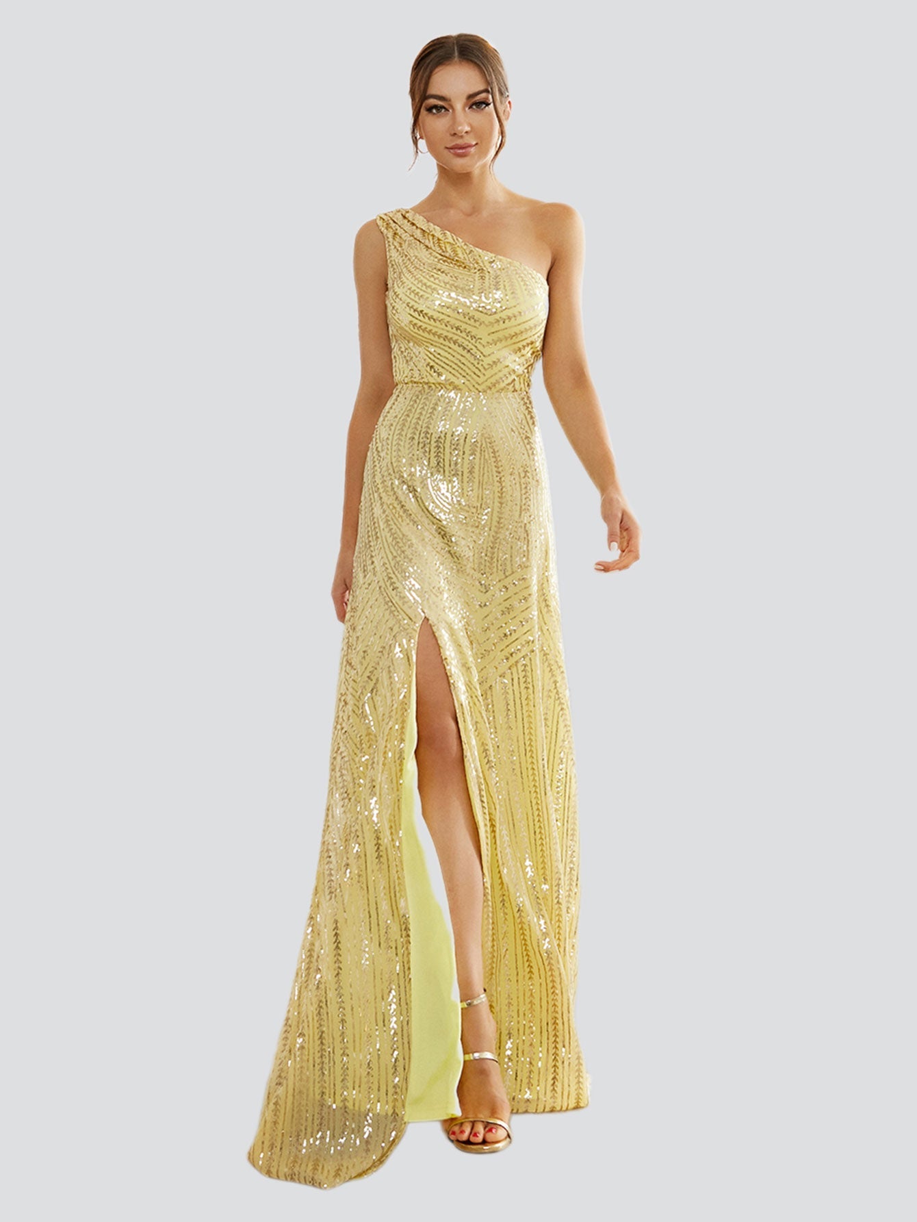 Yellow Sequin One Shoulder Prom Dress
