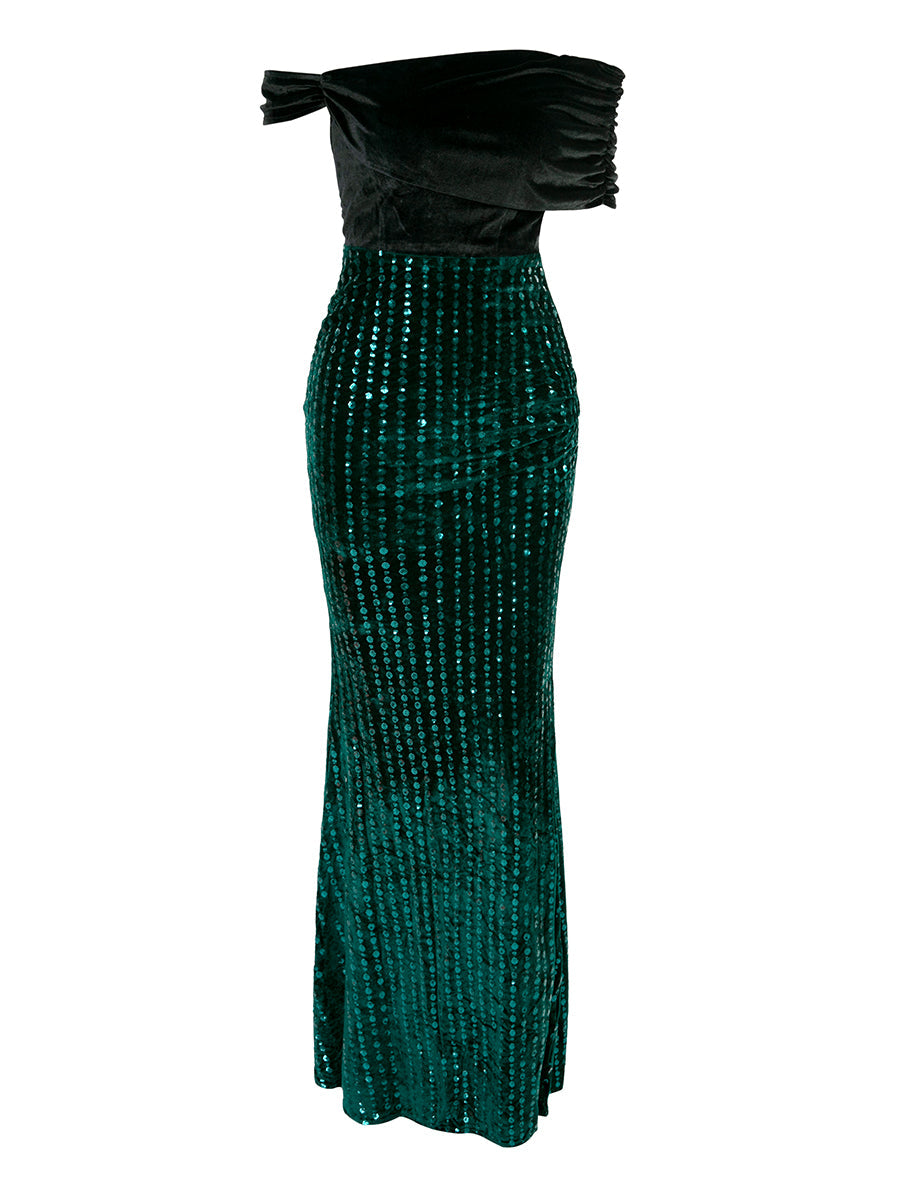 Off Shoulder Panel Sequin Formal Dress