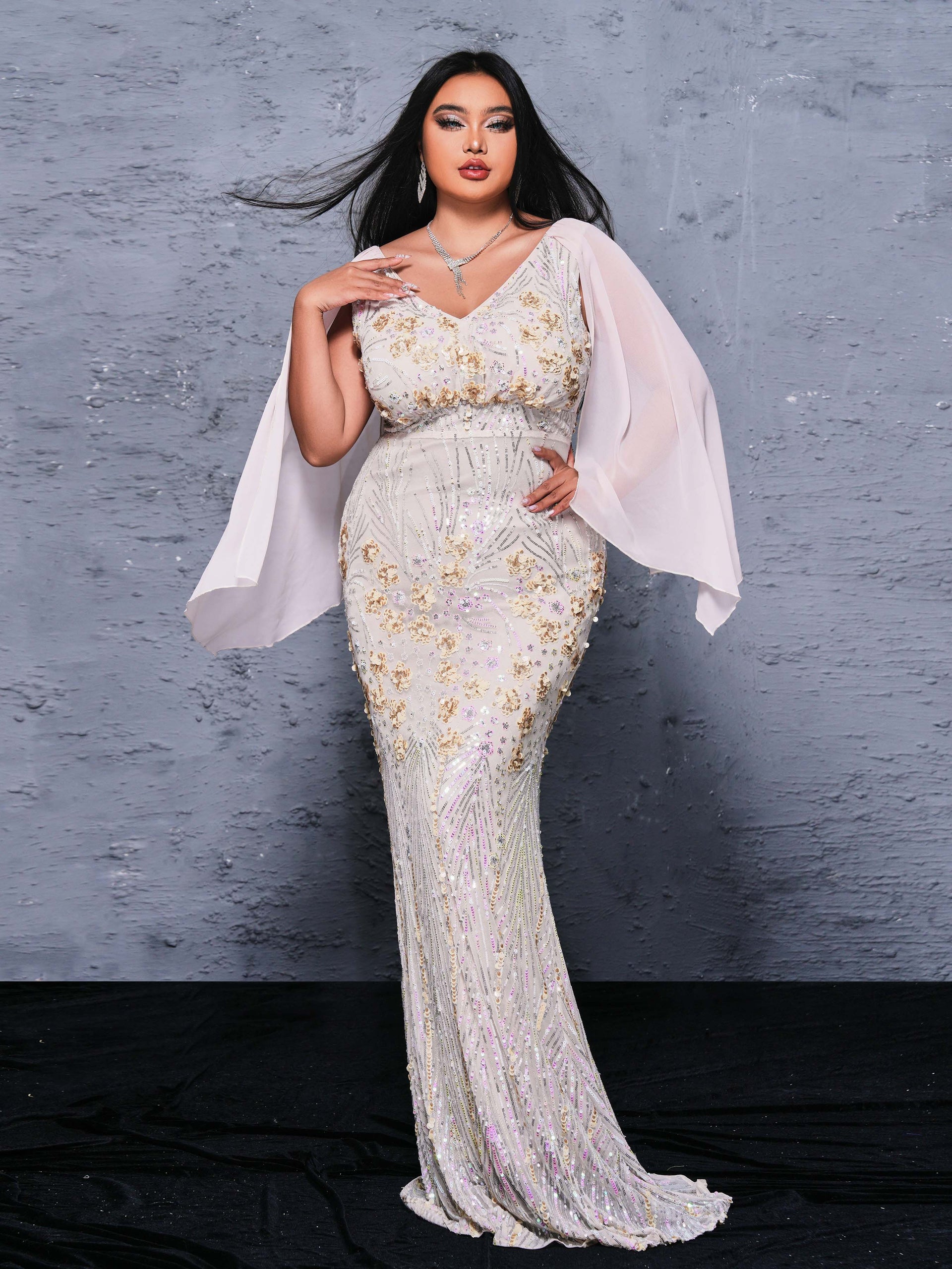 Plus V-neck Floral Sequin Mermaid Dress