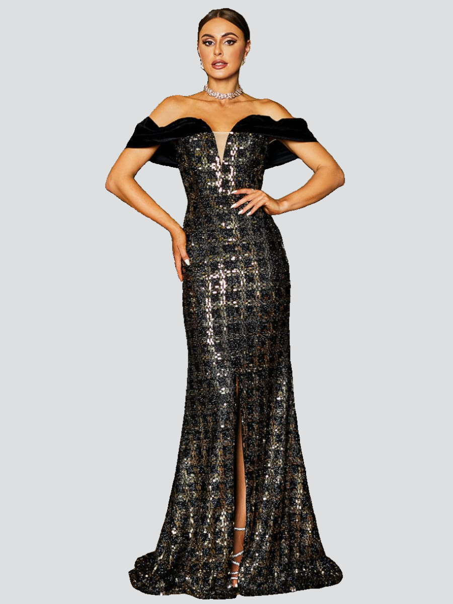 Off Shoulder Sequin Split Mermaid Dress