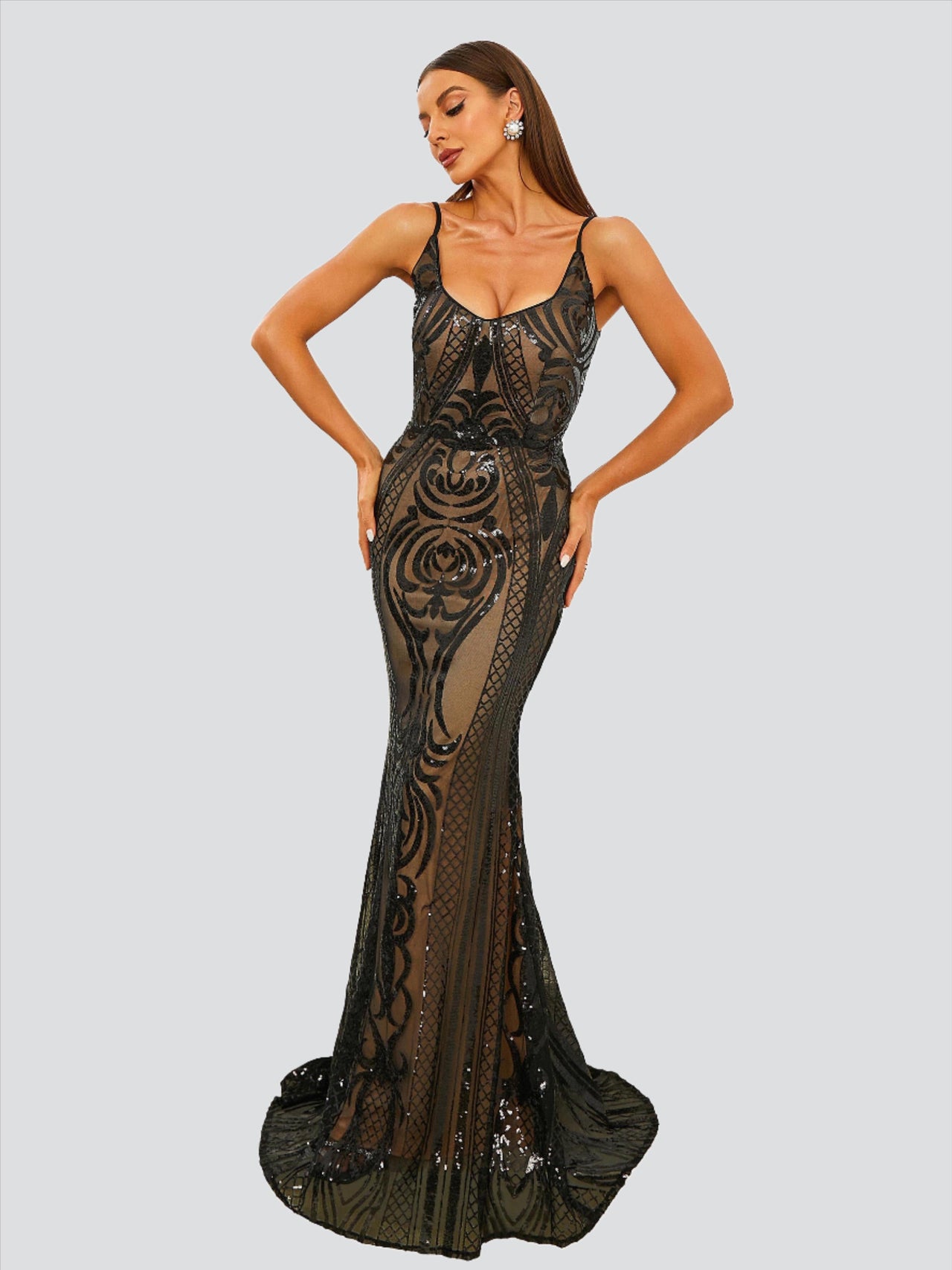 Spaghetti Strap Black Sequin Maxi Dress