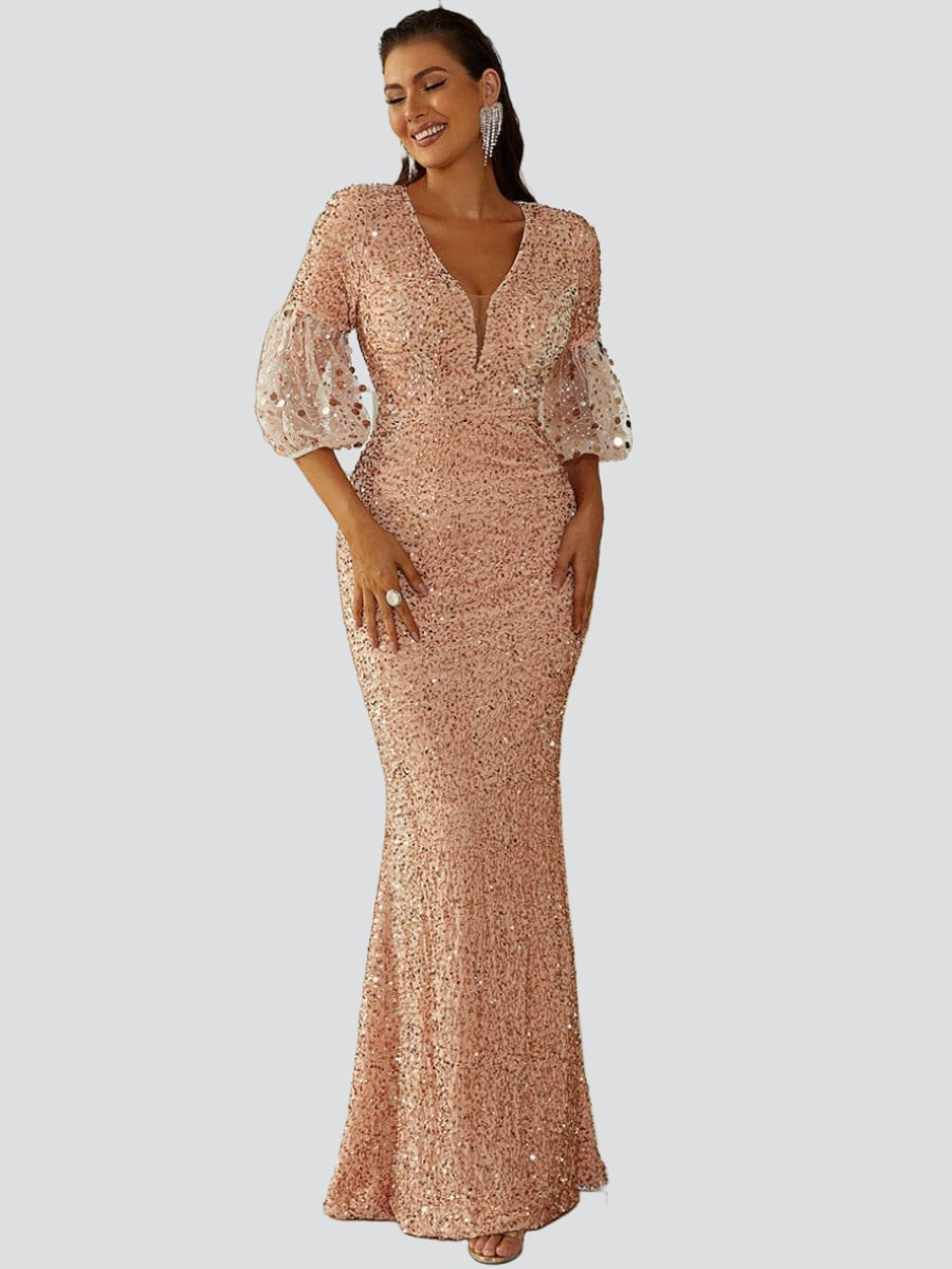 Lantern Sleeve Sequin Prom Dress