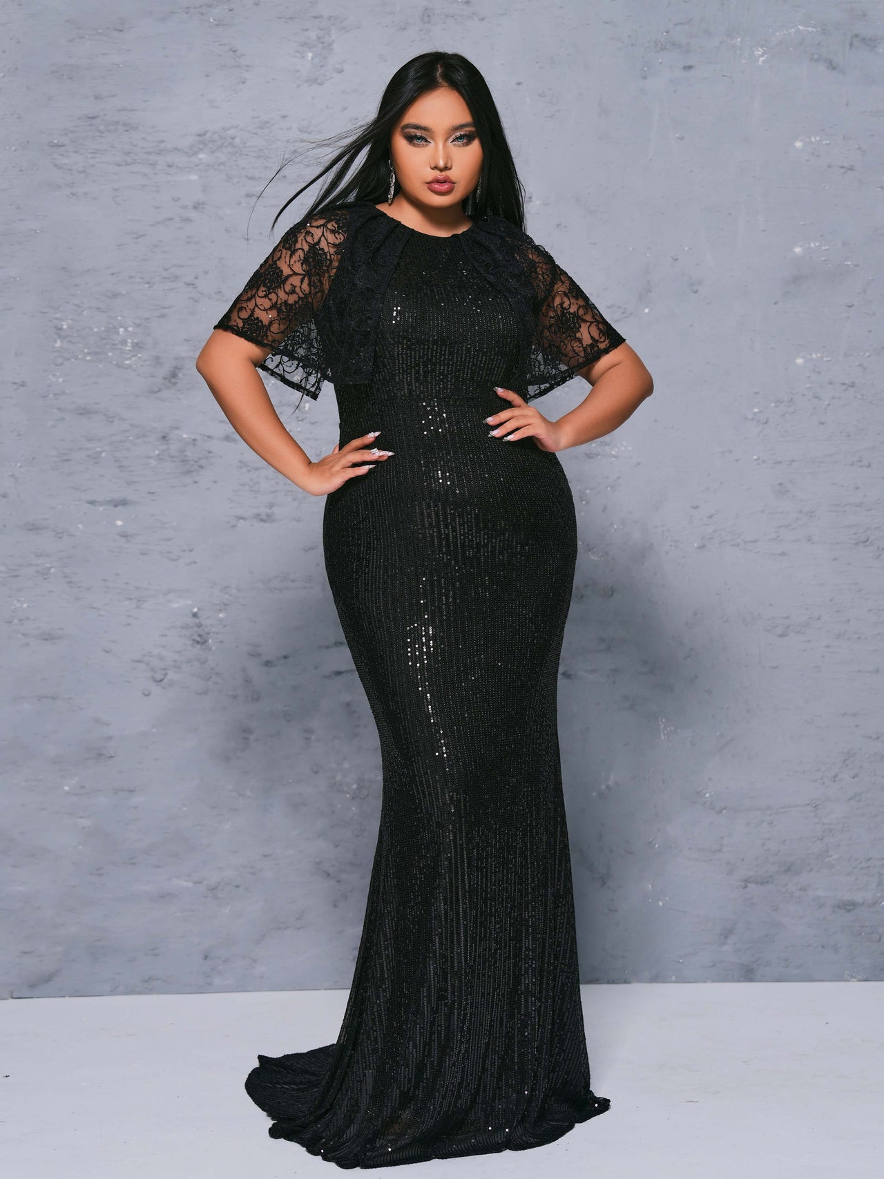 Plus Tulle Panel Sequin Mermaid Dress