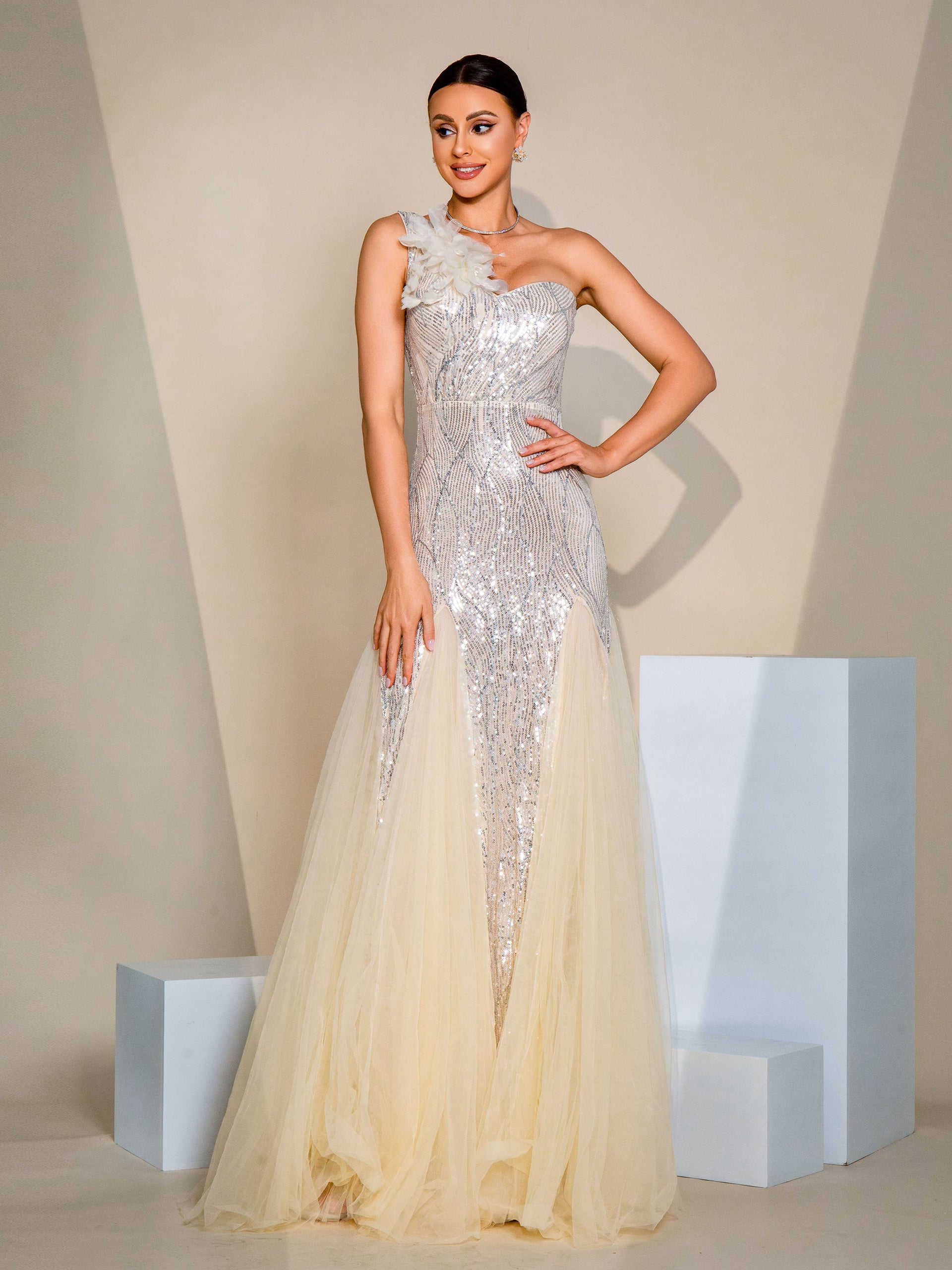 One Shoulder Applique Wedding Guest Dress