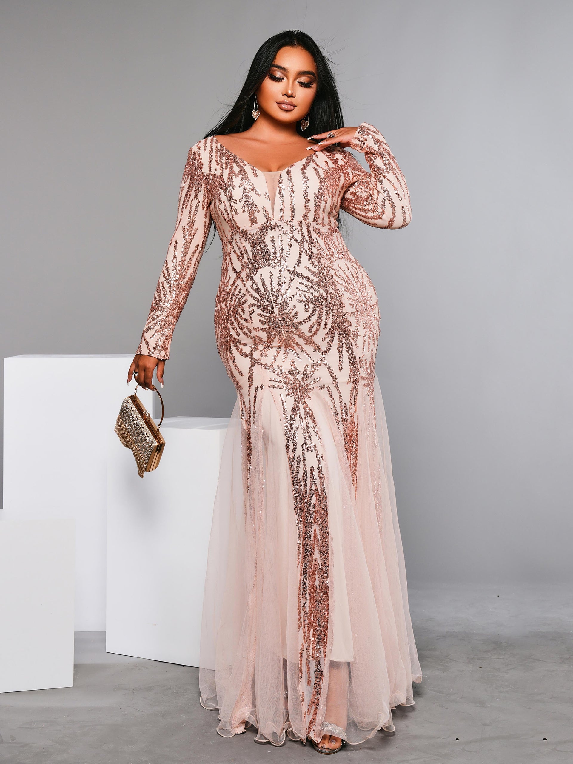 Plus Long Sleeve Sequin Prom Dress