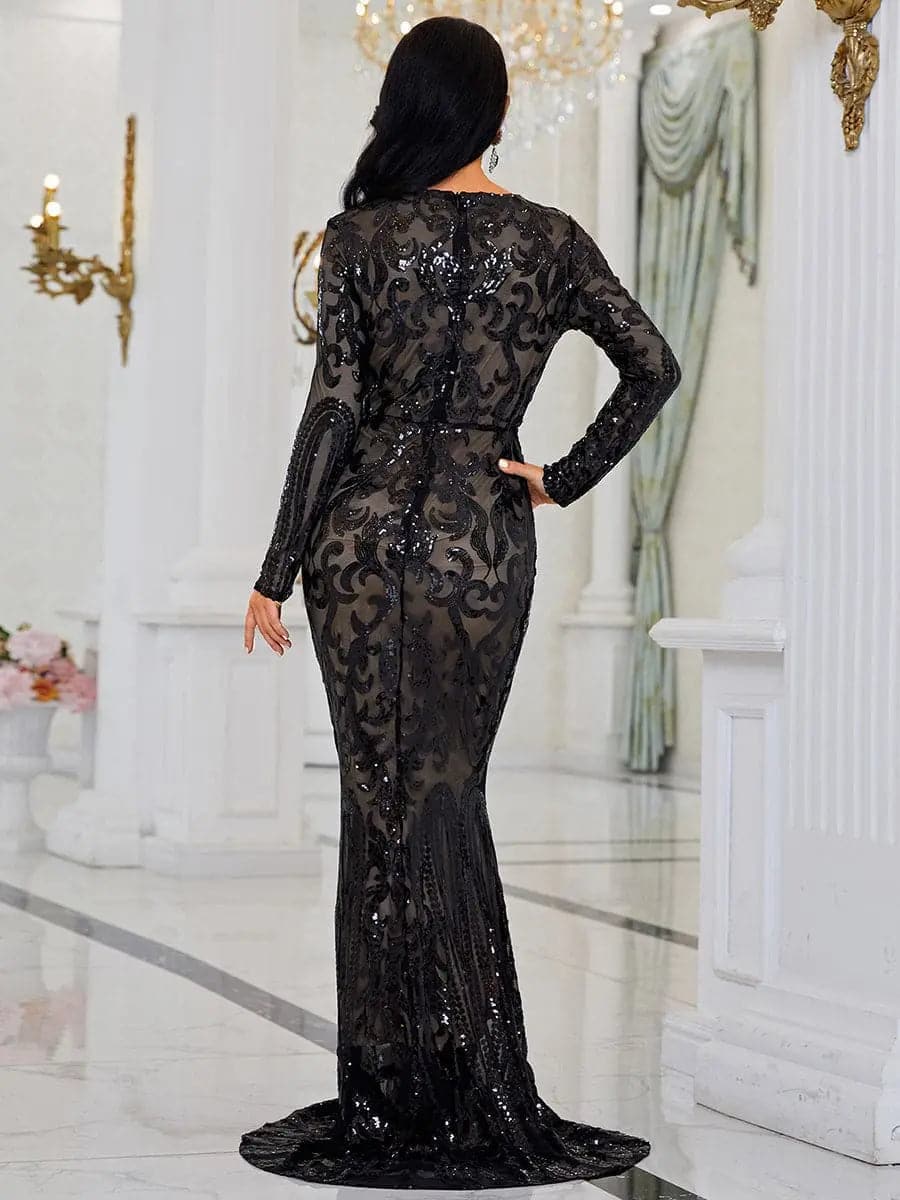 Long Sleeve Sequin Formal Dress