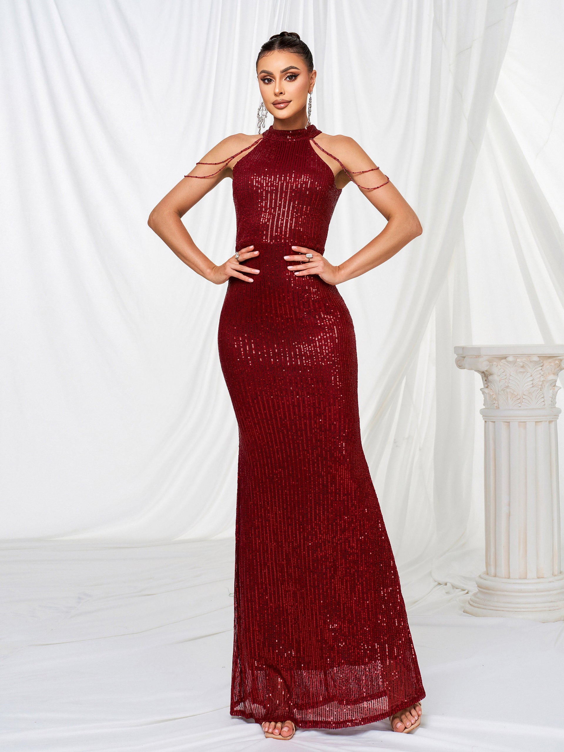 Formal Halter Neck Sequin Prom Dress