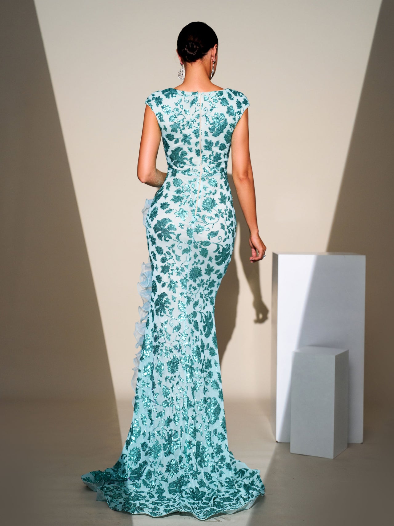 Sleeveless Ruffled Split Floral Sequin Dress