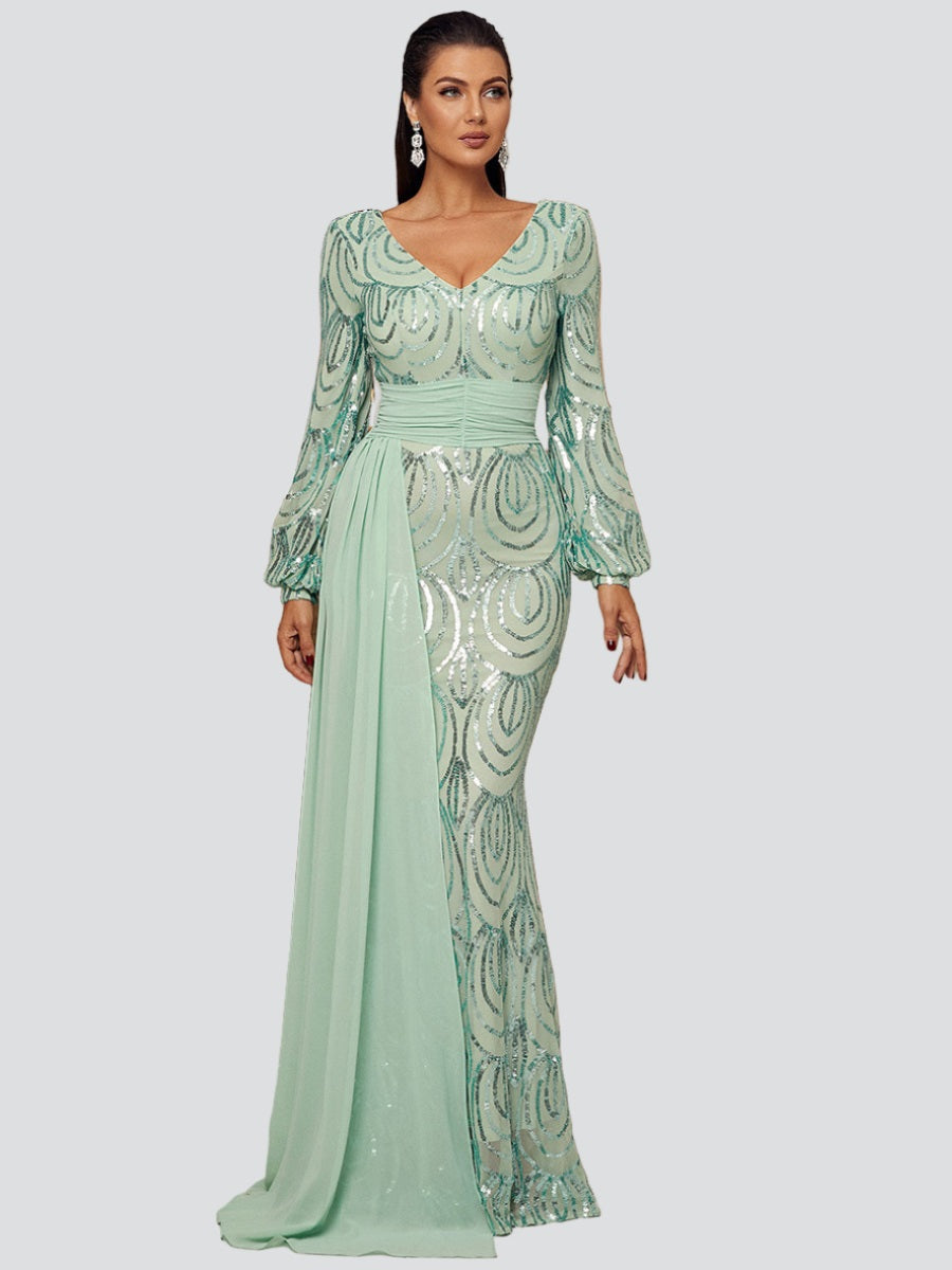 Formal Draping Sequin Long Sleeve Dress