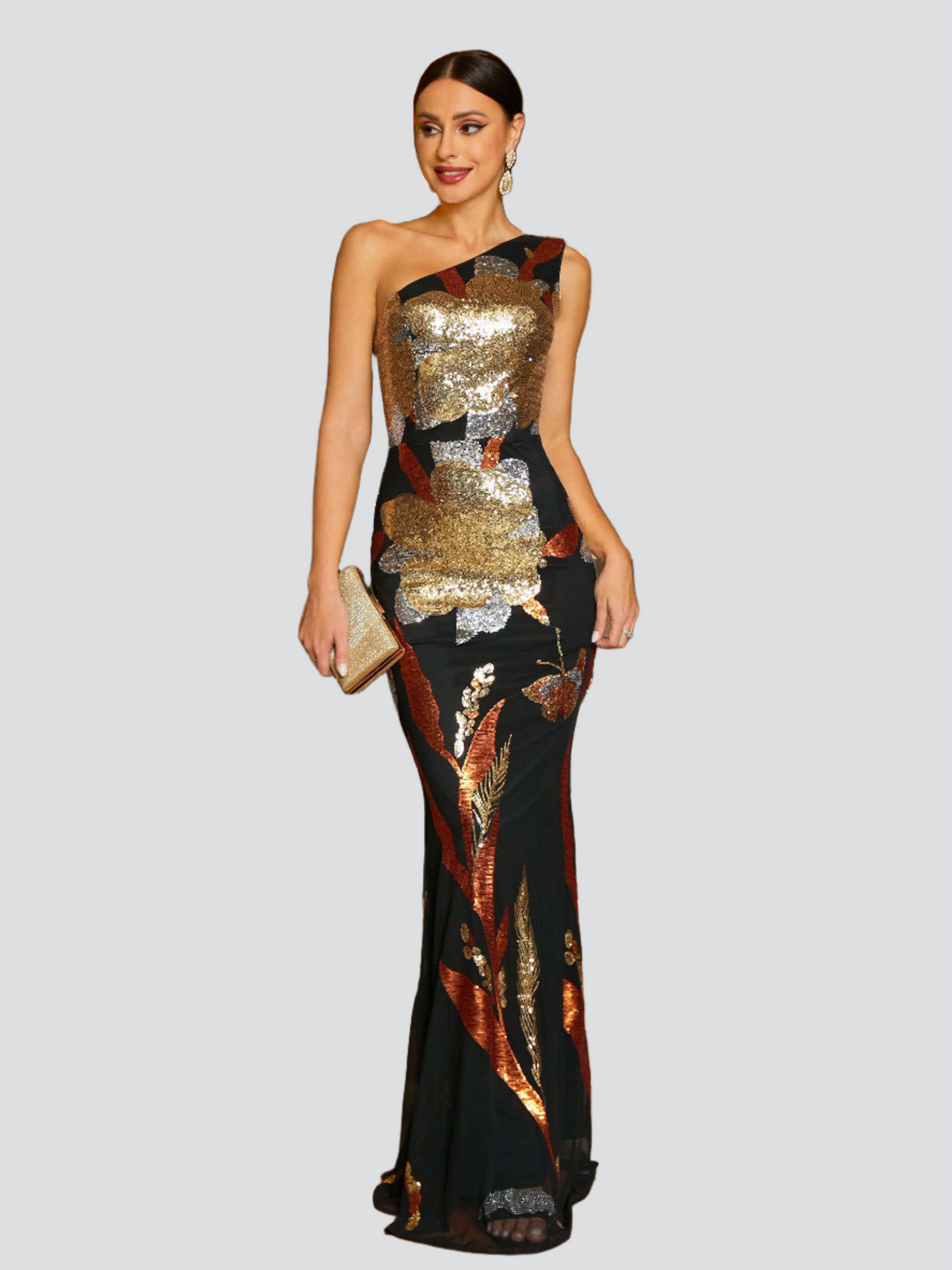 One Shoulder Floral Sequin Prom Dress