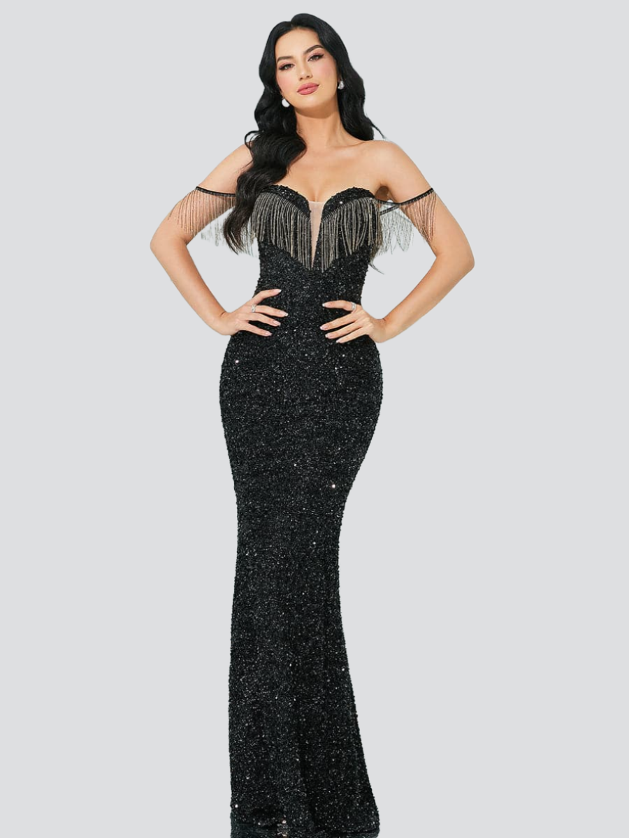 Mermaid Sequins Fringed Black Evening Dress