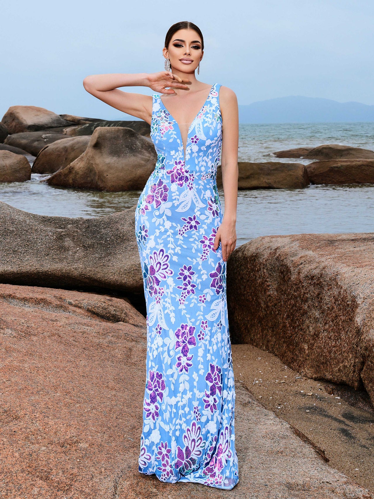V-neck Blue Floral Sequin Maxi Dress