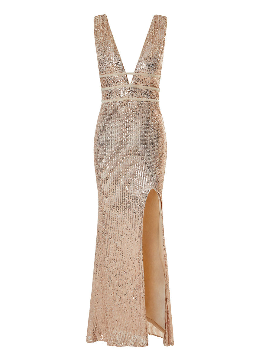 V-neck Split Sequin Prom Dress