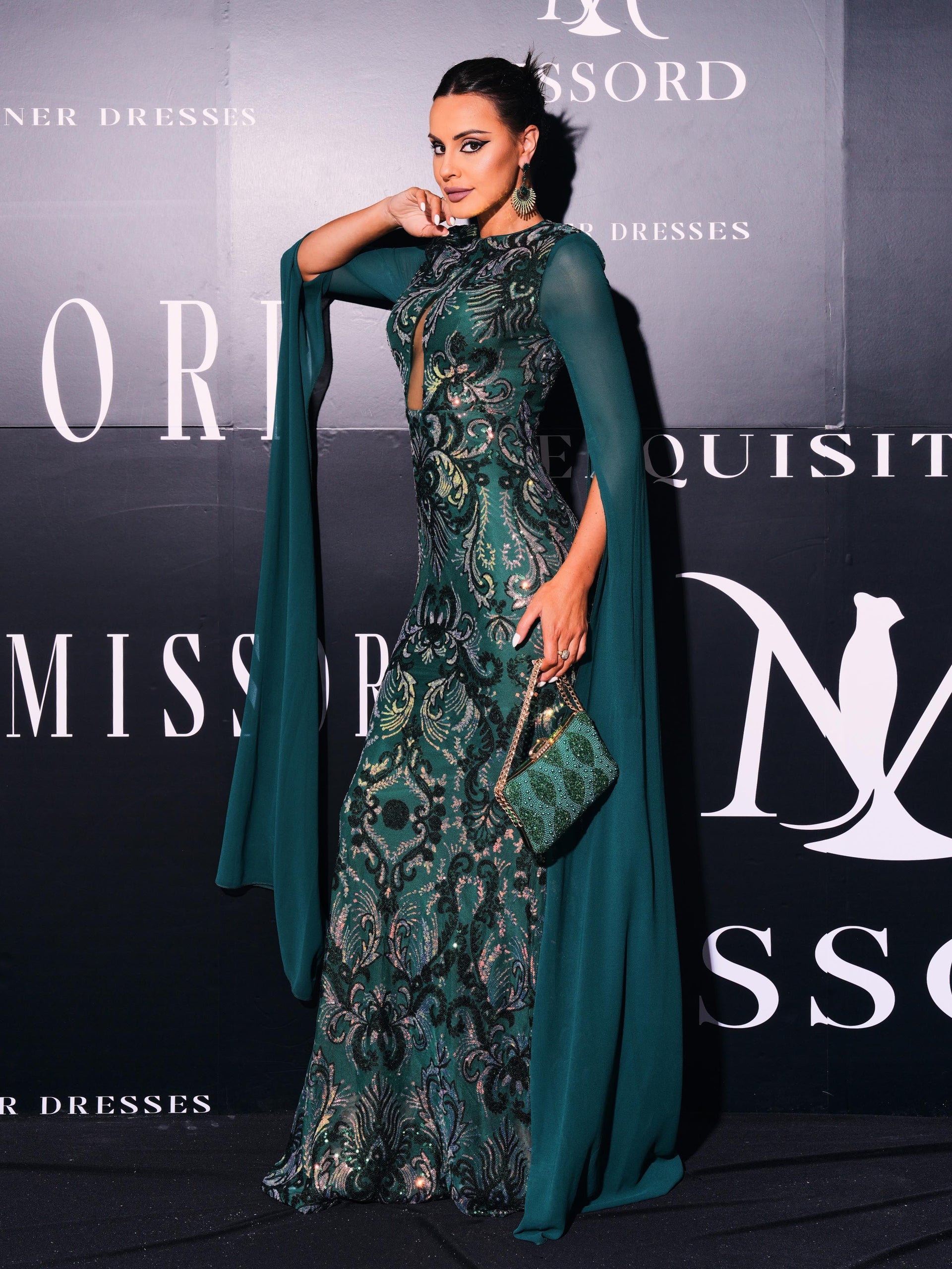 Cape Sleeve Floral Sequin Formal Dress