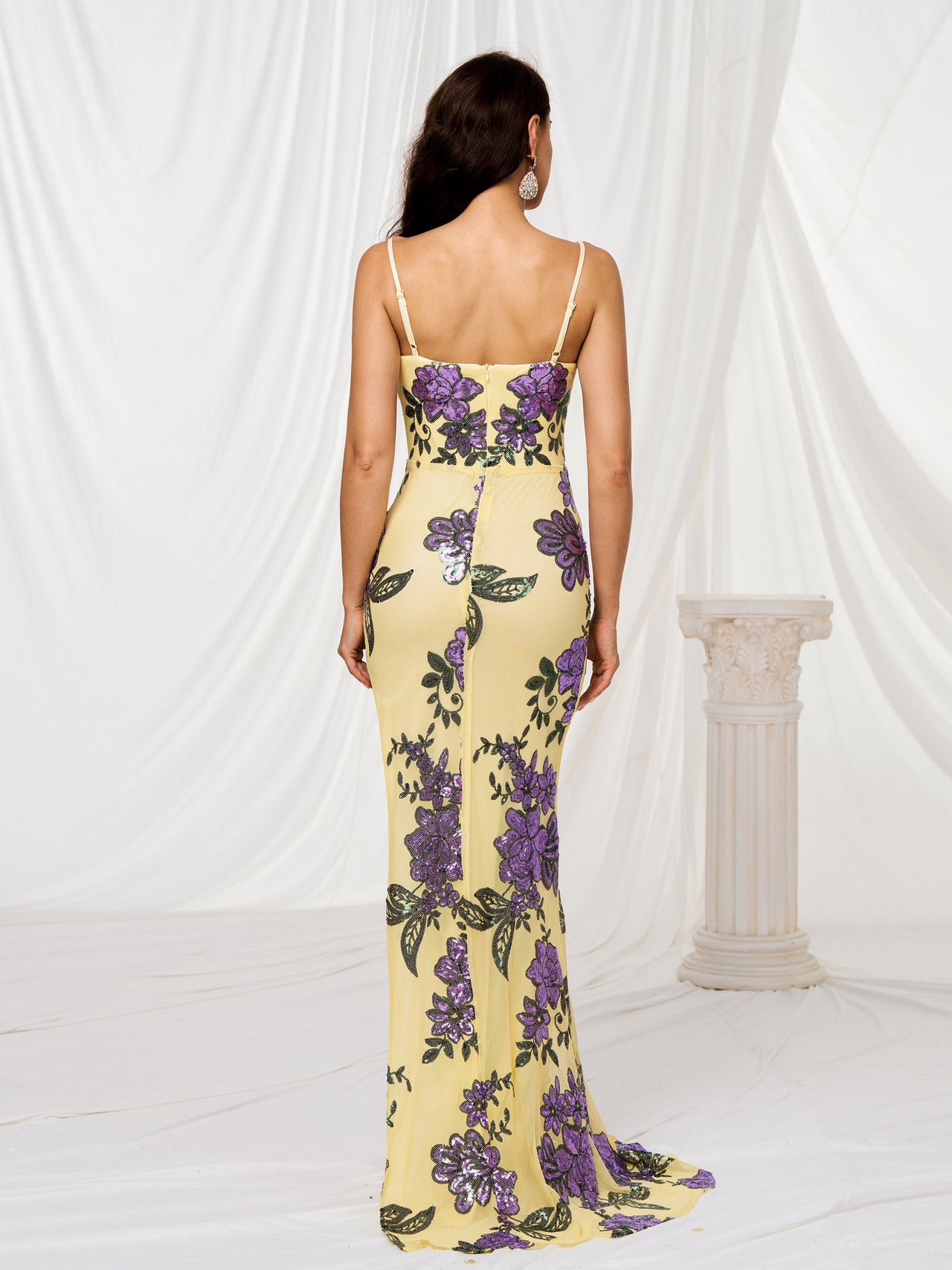 Spaghetti Split Floral Sequin Dress