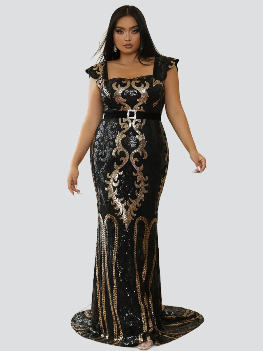 Plus Size Square Neck Sequin Evening Dress