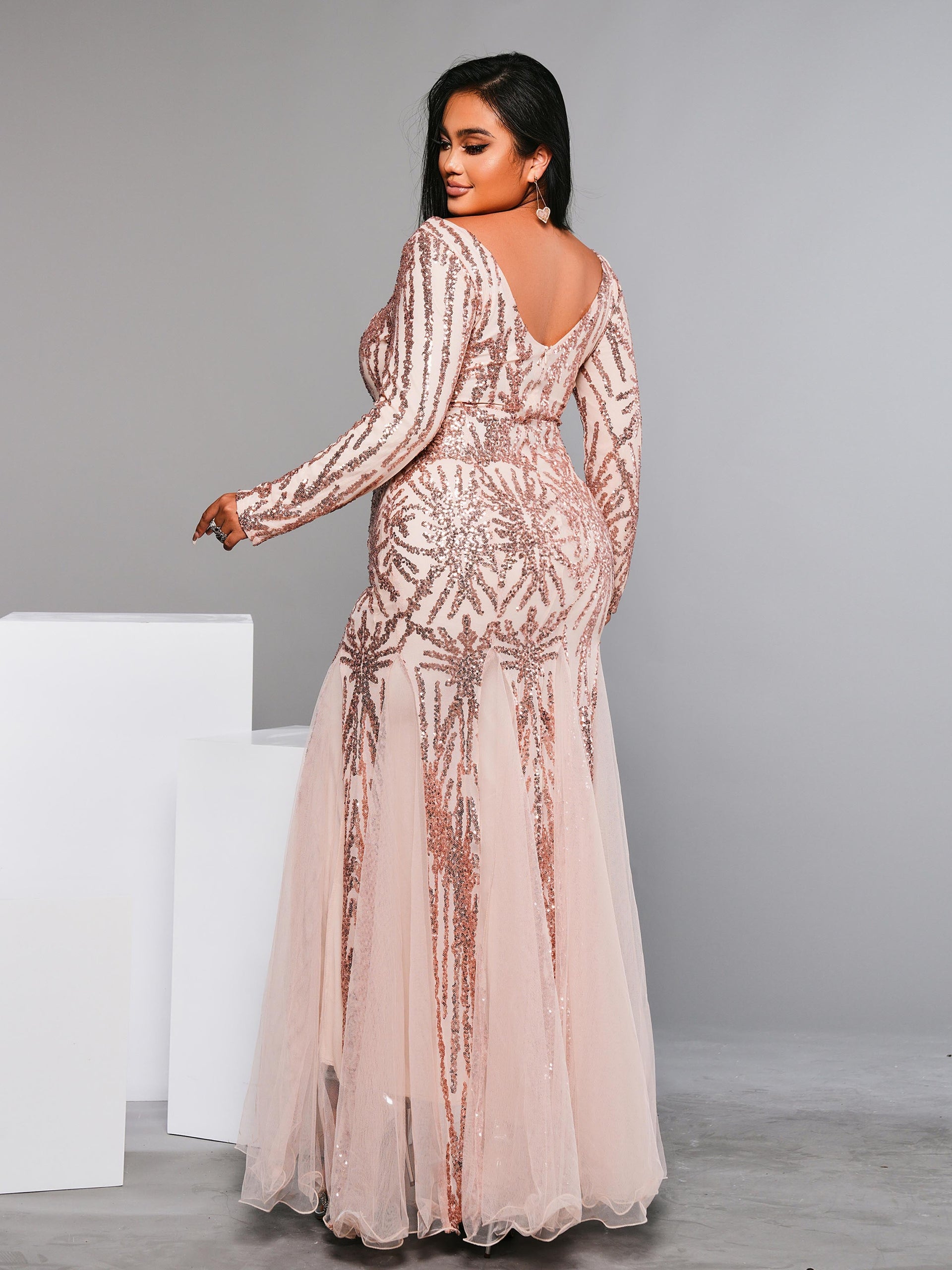 Plus Long Sleeve Sequin Prom Dress