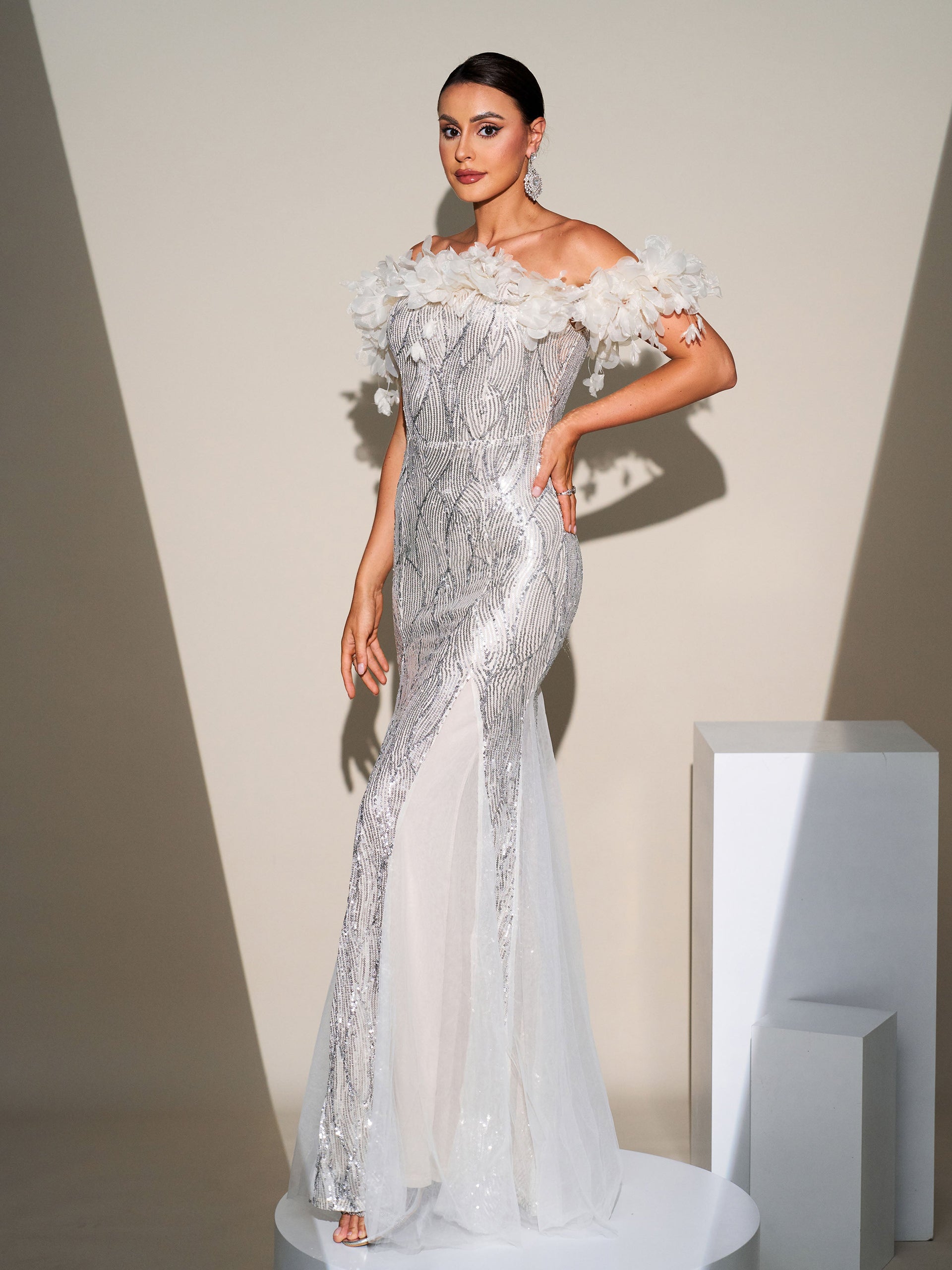 Off Shoulder Appliqued Sequin Mermaid Dress
