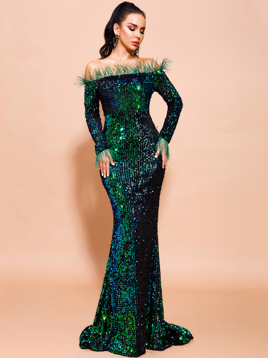 Off Shoulder Feather Sequin Evening Dress