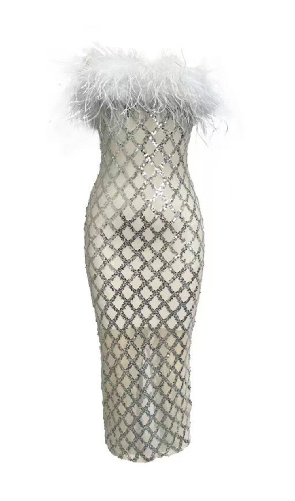 SEQUIN FEATHER BANDAGE DRESS